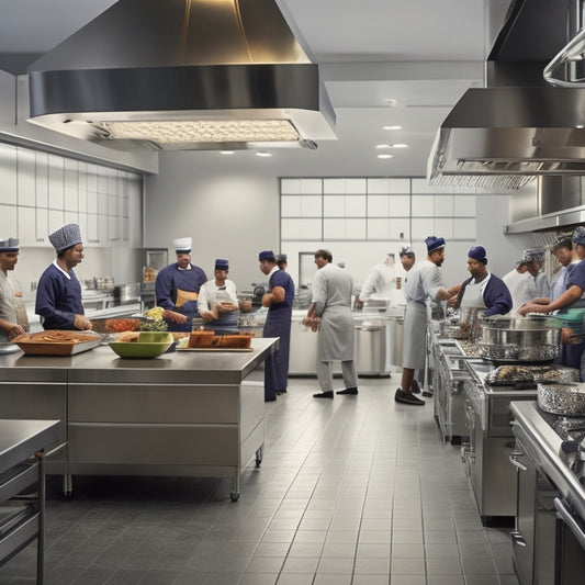 A bustling commercial kitchen with stainless steel countertops and appliances, featuring a row of chefs wearing sleek, modern paper hats in various bold colors, amidst utensils and culinary tools.