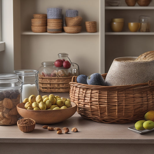 A tidy kitchen counter with a tiered wooden shelf holding a stack of whole grain bread, a woven basket of fresh fruits, and a small ceramic jar filled with nuts.
