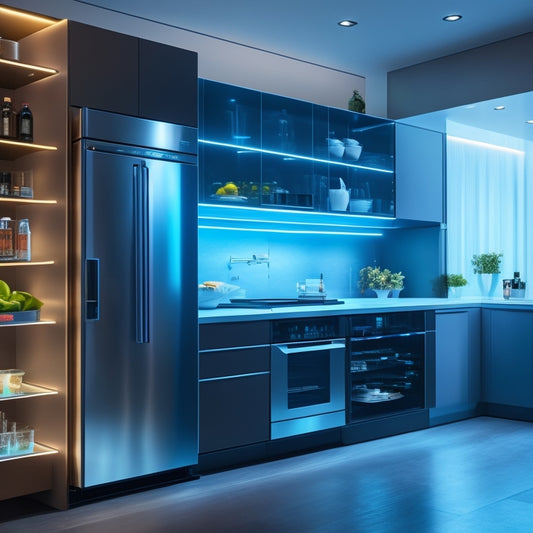A futuristic kitchen with sleek, high-tech appliances, featuring a smart pantry with glowing LED shelves, automated drawers, and a transparent refrigerator with digital inventory tracking.
