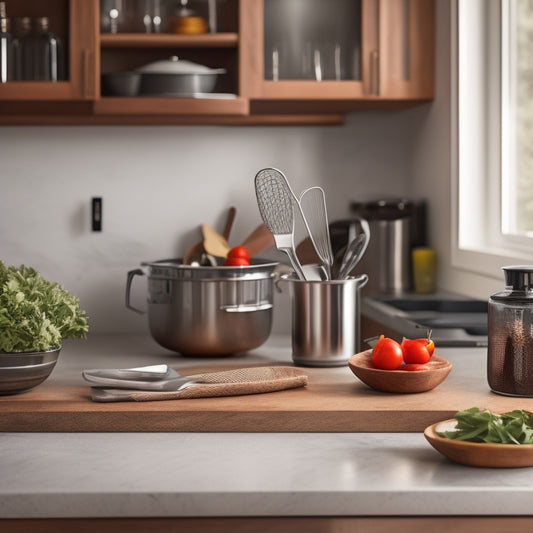 A clutter-free kitchen countertop with a utensil organizer, a knife block, and a few strategically placed spices, surrounded by a blurred background of stainless steel appliances and sleek cabinetry.