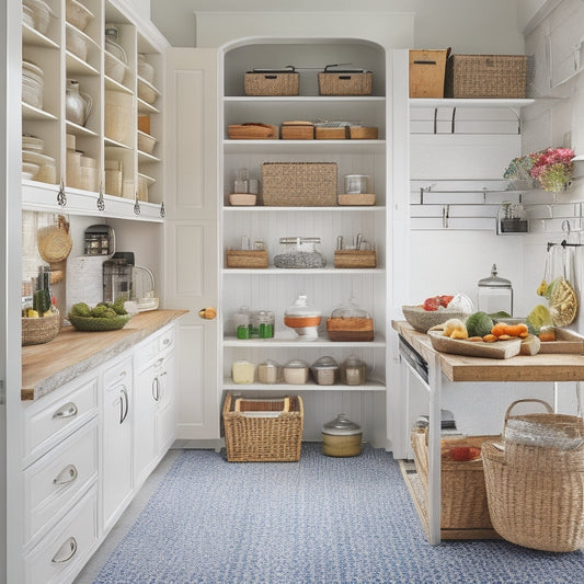 A bright, modern kitchen with open pantry doors revealing organized shelves, baskets, and containers in various sizes, with a few strategically placed labels and a rolling cart in the corner.