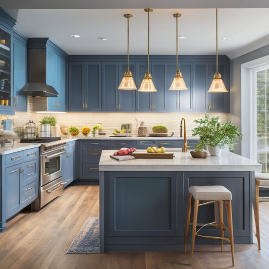 A bright, modern kitchen with a 12-foot ceiling, featuring a floor-to-ceiling cabinetry system with glass-front upper cabinets, a ladder or staircase, and a show-stopping light fixture.