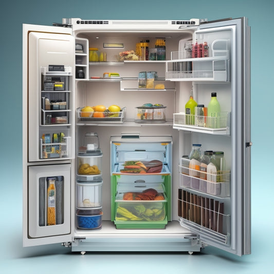 An illustration of a top mount refrigerator with its doors open, displaying shelves and compartments, surrounded by tools and diagrams, with a subtle background of circuit boards and wires.