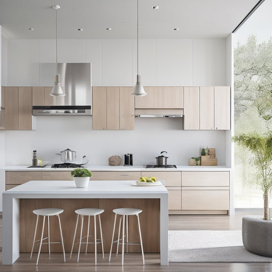 A sleek, modern kitchen featuring a minimalist ceiling pot rack, suspended above a clean white island. Light wood cabinets and stainless steel accents create an airy, uncluttered atmosphere, with pots elegantly hanging in perfect symmetry.