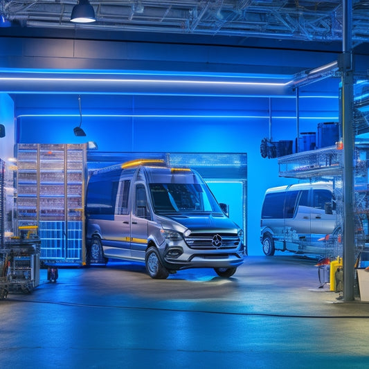 A futuristic, high-tech garage with sleek, silver sprinter vans in various stages of customization, surrounded by tools, neon lights, and racing stripes, set against a dark, gradient blue background.