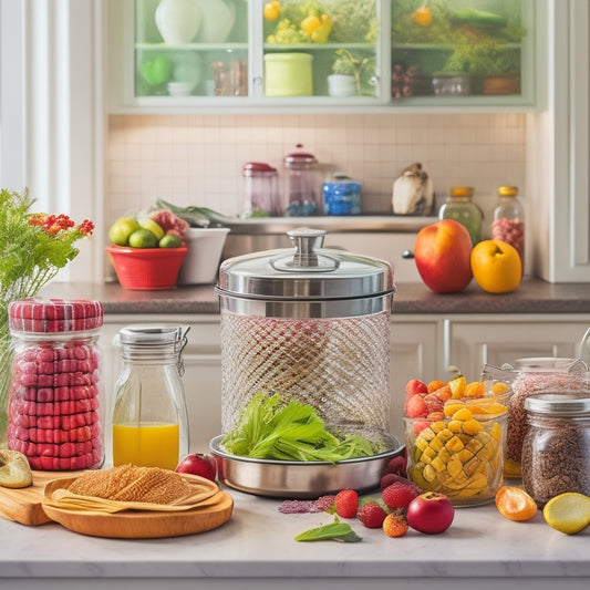 A warm and inviting kitchen scene with a stainless steel dehydrator centered, surrounded by an assortment of colorful, fresh fruits and vegetables, and a few glass jars filled with dried delights.