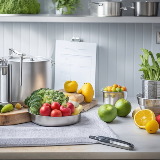 A clean and modern kitchen with a stainless steel counter, a food thermometer, and a clipboard with a checklist, surrounded by fresh fruits and vegetables, with a subtle background of a certificate.