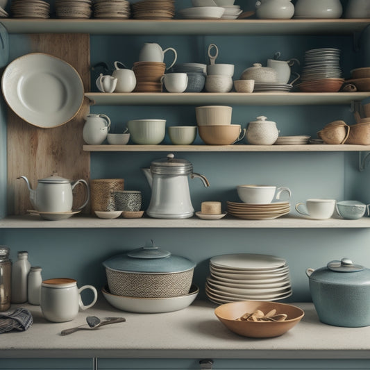 A cluttered kitchen cabinet with stacks of plates, bowls, and cups teetering on the edge, while a few inches of empty space above remain unused, with a few dust bunnies and a forgotten utensil lying idle.