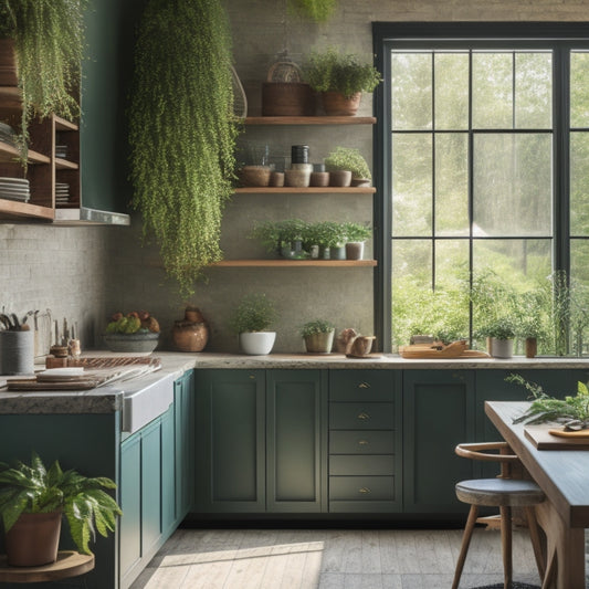 A serene kitchen scene featuring reclaimed wood cabinetry, a living green wall, and a large window allowing natural light to pour in, surrounded by lush plants and a minimalist aesthetic.