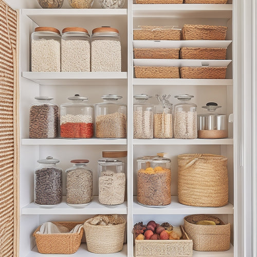 A beautifully organized pantry showcasing clear glass jars filled with grains and spices, wooden shelves with labeled baskets, vibrant fruits in woven bowls, and a stylish rolling cart for easy access to cooking essentials.