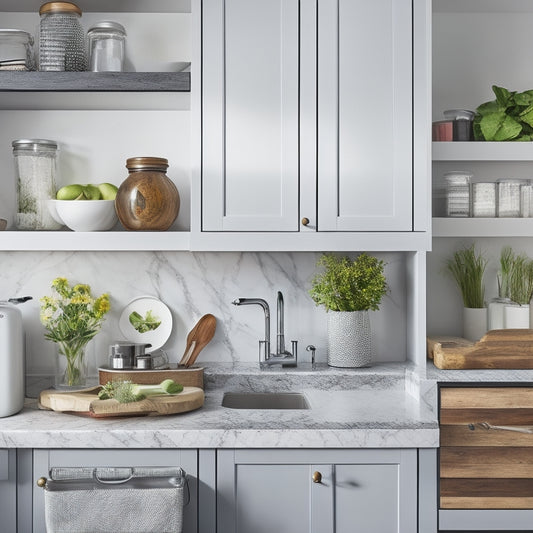 A tidy kitchen with a few open cabinets revealing organized shelves, a utensil organizer on the counter, a small trash can with a recycling symbol, and a few healthy ingredients on a clean marble countertop.