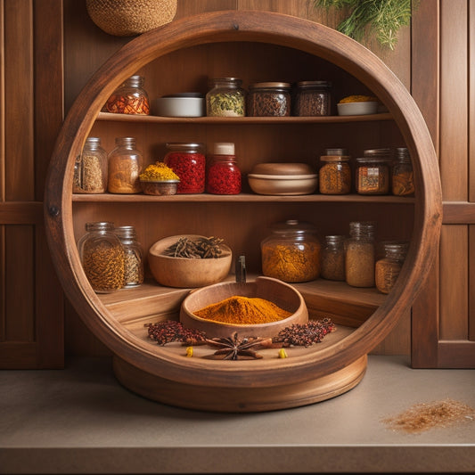 A beautifully crafted wooden Lazy Susan cabinet nestled in a cozy kitchen corner, showcasing colorful spices and jars, with warm lighting highlighting its smooth, rotating shelves and intricate design.