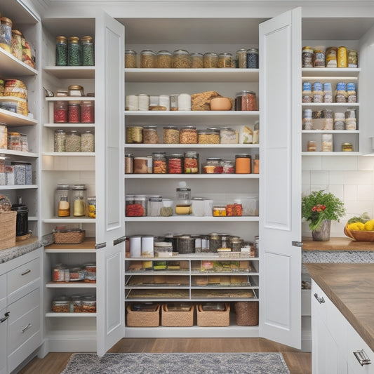 A beautifully organized kitchen corner featuring sleek, sliding pantry drawers filled with colorful spices, jars, and canned goods, surrounded by modern cabinetry and soft, warm lighting highlighting the functionality of the space.