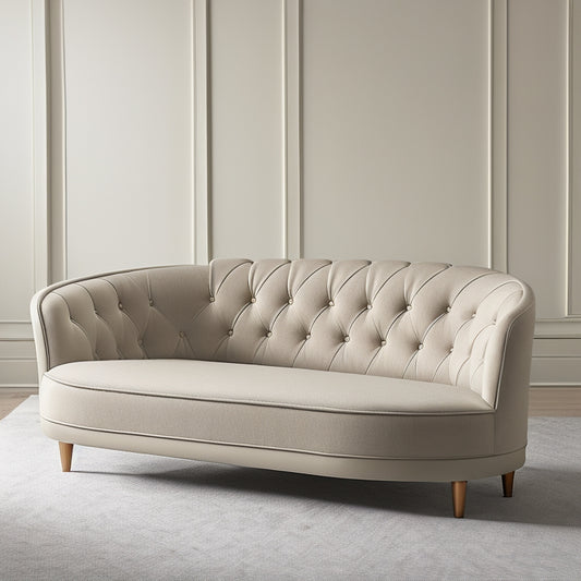 A luxurious, curved loveseat with rolled arms and chic, tightly tufted buttons in a rich, velvety grey upholstery, set against a minimalist, creamy white backdrop with soft, diffused lighting.