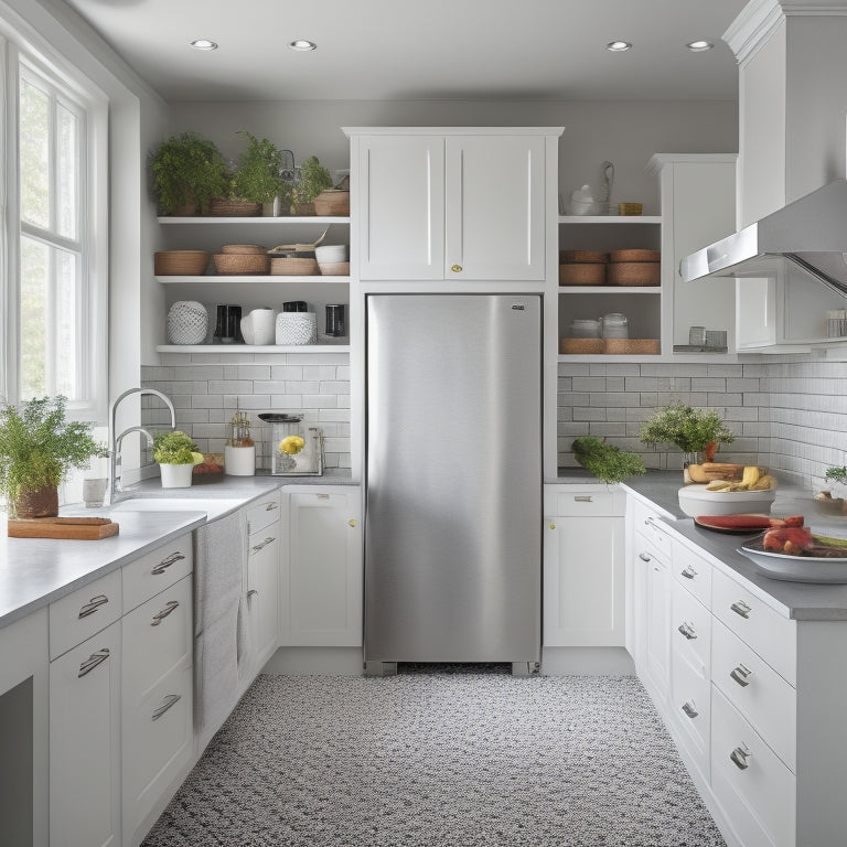 A bright, modern kitchen with white cabinets, gray countertops, and wooden flooring, featuring a pull-out spice rack, a utensil organizer, and a hidden trash can behind a sliding cabinet door.