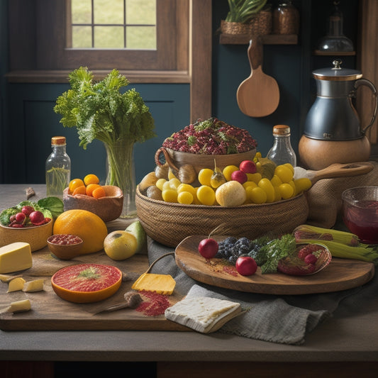 A warm and inviting kitchen scene: a large, wooden cutting board bears a perfectly arranged still life of fresh vegetables, fruits, and artisanal cheeses, surrounded by cookbooks and a few strategically placed utensils.