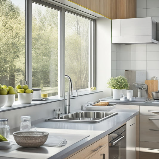 A sleek, modern kitchen featuring a compact, tiered dish drainer with plates and utensils drying. Bright natural light streams through a window, highlighting stainless steel accents and a minimalistic, organized countertop.