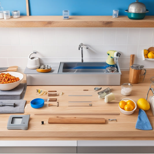 A bright, modern kitchen with a focus on a wooden roll-out tray being installed under a countertop. Tools like a drill and screws beside the tray, and a measuring tape laid out on the countertop.