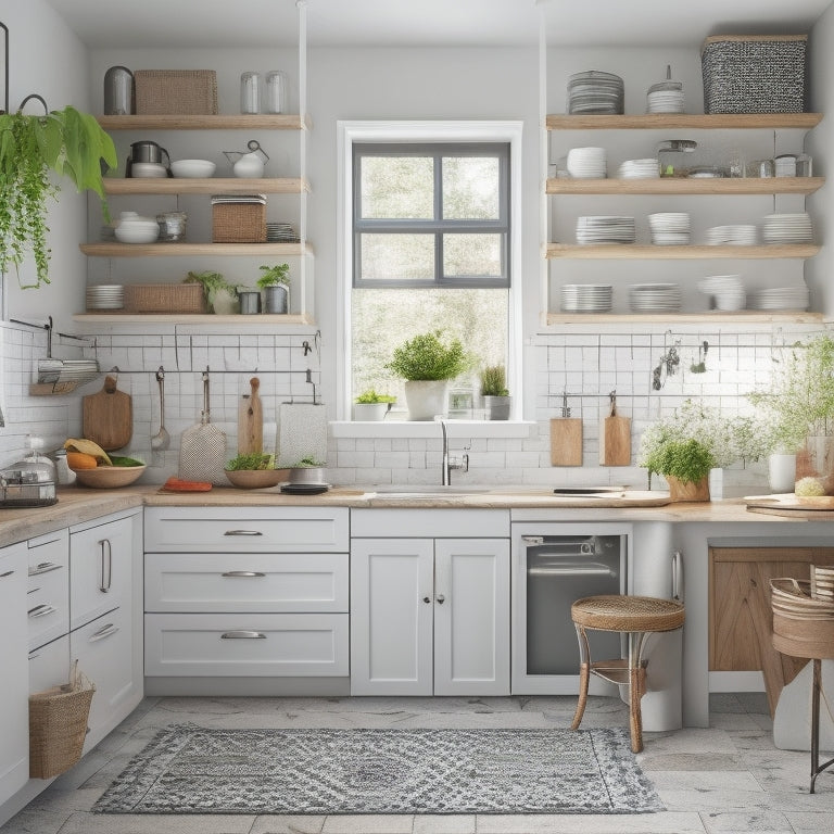 A clutter-free, L-shaped kitchen with sleek, white cabinets, a stainless steel sink, and a small, round wooden table, showcasing creative storage solutions like hanging pots, a pegboard, and a utensil organizer.