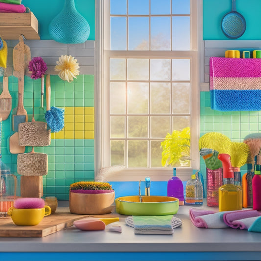 A vibrant kitchen scene featuring a neatly organized pegboard filled with colorful cleaning supplies, sponges, and brushes, alongside hanging pots and pans, bright sunlight streaming through a window, creating a cheerful atmosphere.