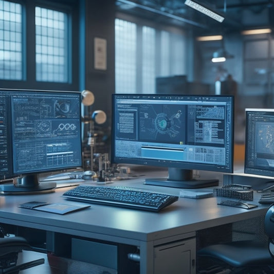 A futuristic 3D workstation with a large screen displaying a complex mechanical assembly in SolidWorks, surrounded by scattered blueprints, gears, and robotic arms in a dimly lit laboratory setting.