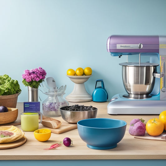 A clutter-free kitchen counter with a stainless steel stand mixer, a set of colorful silicone spatulas, a digital kitchen scale, and a spiralizer surrounded by fresh vegetables and a few recipe books.