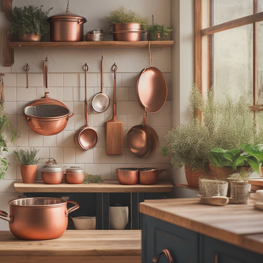A stylish kitchen scene featuring a rustic wooden hanging rack adorned with an array of shiny copper pots and pans, accented by fresh herbs in terracotta pots and warm, natural lighting filtering through a window.