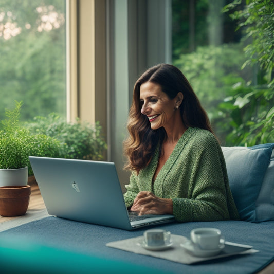 A serene, smiling mother, surrounded by lush greenery, sitting cross-legged on a plush rug, with a laptop and a cup of coffee, amidst a minimalist, naturally lit room with a blurred cityscape outside.