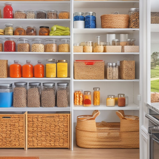 A modern kitchen pantry filled with multi-purpose organizers: clear stackable bins, woven baskets, labeled jars, and tiered shelves, showcasing a neat arrangement of spices, snacks, and canned goods, all in natural light.
