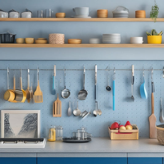 A tidy, modern kitchen with a compact utensil storage system: a wall-mounted pegboard with hooks, a drawer organizer with dividers, and a countertop carousel with rotating utensil holders.