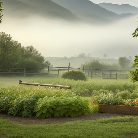 A serene, misty morning scene: a lush, vibrant garden overflowing with diverse fruits and vegetables, surrounded by a worn, wooden fence, with a subtle, distant mountain range in the background.