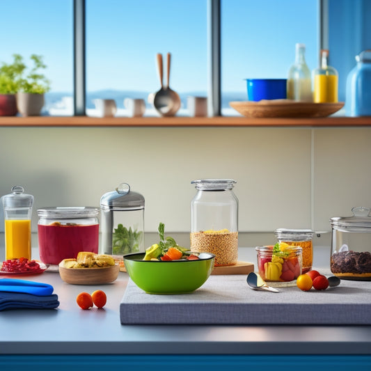A minimalist kitchen countertop with a variety of colorful, portioned meals in glass containers, surrounded by a few strategically placed kitchen utensils and a subtle cityscape background.