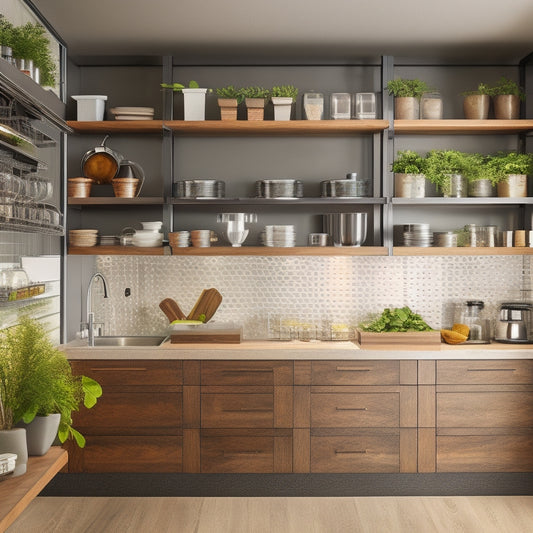 A sleek kitchen featuring innovative storage solutions: hanging pots, a pull-out spice rack, tiered shelves, and under-cabinet lighting, all amidst a modern aesthetic of stainless steel and warm wood tones, creating an organized, inviting space.