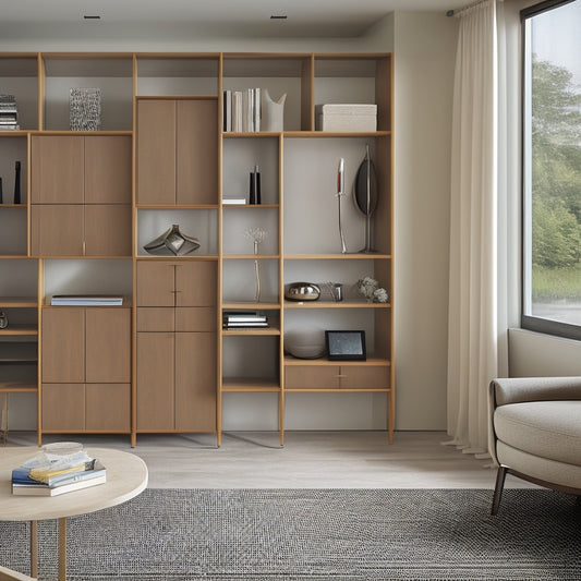A modern, stylish room with multiple, sleek storage units in various shapes and sizes, including shelves, cabinets, and drawers, in a harmonious blend of wood and metal tones.