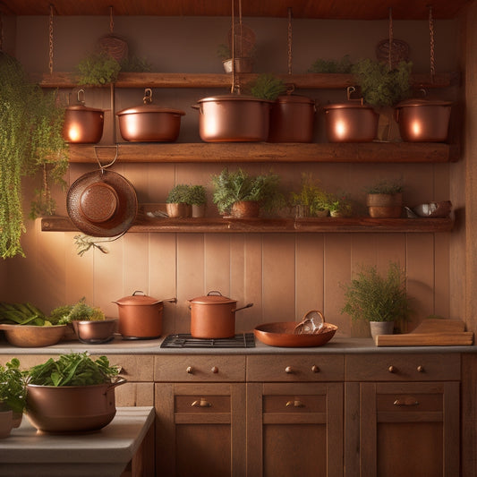 A rustic kitchen featuring a stylish hanging pot rack with integrated warm lighting, showcasing gleaming copper pots, herbs in terracotta pots, and a backdrop of wooden cabinets, creating a cozy, illuminated atmosphere.