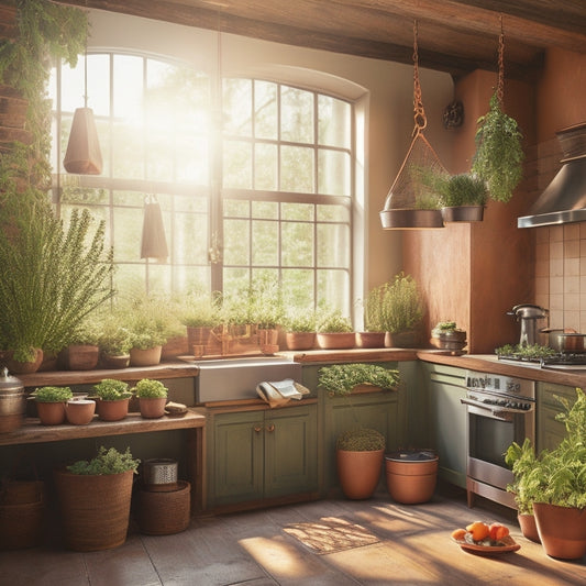 A rustic kitchen featuring a wooden ceiling pot rack, adorned with hanging copper pots and pans, surrounded by vibrant herbs in planters, with warm sunlight streaming through a window, illuminating the space.