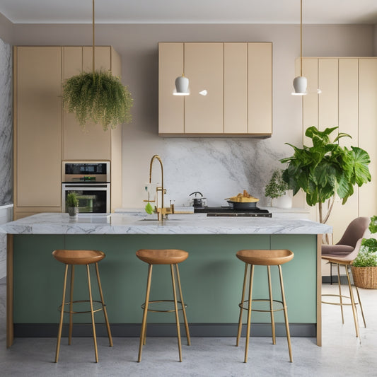 A sleek, minimalist kitchen island featuring open shelving, integrated pull-out drawers, and a seamless marble countertop, surrounded by contemporary bar stools, lush greenery, and warm ambient lighting for a cozy, stylish atmosphere.