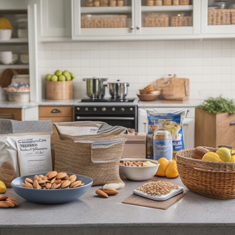 A cluttered kitchen counter with opened bags of almonds, a half-eaten block of cheese, and scattered low-carb cookbooks, beside a tidy kitchen island with labeled baskets and a organized pantry in the background.