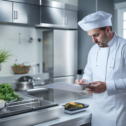 A clean and modern kitchen with a stainless steel counter, a chef in a white apron and hat, holding a clipboard, with a food thermometer and a HACCP chart in the background.