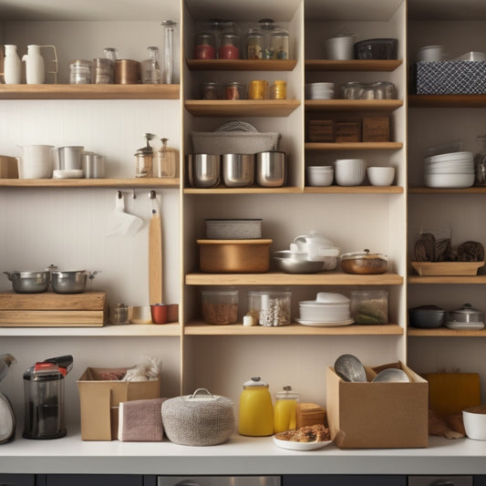 An organized kitchen with boxes labeled "Fragile" and "Kitchen Utensils" stacked against a wall, alongside a tidy countertop with a few remaining unpacked items, and a single open cabinet with dividers.