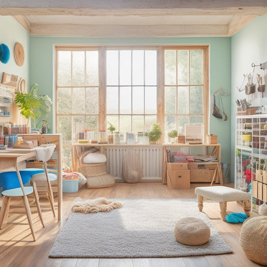 A bright, airy room filled with natural light, featuring a large, wooden crafting table with built-in storage, surrounded by shelves overflowing with colorful art supplies, and a comfortable, plush rug.