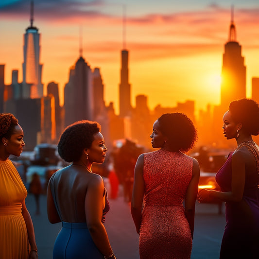 A vibrant, sunset-lit Manhattan cityscape with the iconic NYC skyline, featuring a large, stylized, golden female silhouette standing tall in the foreground, surrounded by empowered women of diverse ages and races.