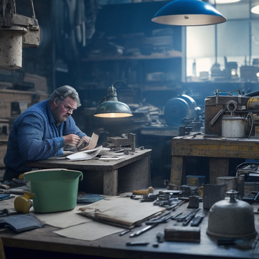 A cluttered workshop with scattered tools and machinery, a water tank in the background, and a frustrated owner searching through a stack of manuals and blueprints on a workbench.