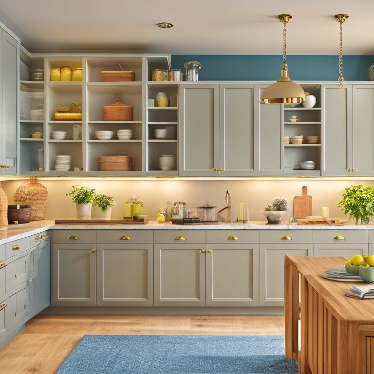 A clutter-free kitchen with cabinets featuring pull-out shelves, soft-close drawers, and vertical dividers, showcasing a mix of open and closed storage, with a neutral color scheme and warm lighting.