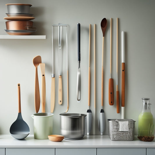 A tidy, minimalist kitchen with a compact utensil organizer on the wall, showcasing a neatly arranged assortment of kitchen tools, including a silicone spatula, wooden spoons, and a stainless steel whisk.