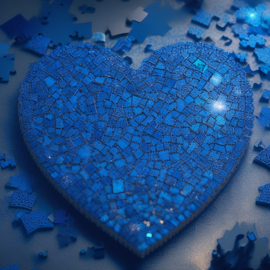 A vibrant, swirling mosaic of puzzle pieces in shades of blue, forming a heart shape, surrounded by delicate, glowing circuitry patterns and subtle, shimmering light effects.