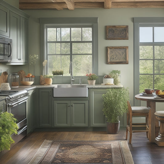 A warm and inviting kitchen with dark cabinets, new quartz countertops, and stainless steel appliances, featuring a large pot of creamy green chile mac on a rustic wooden table, surrounded by vibrant greenery.