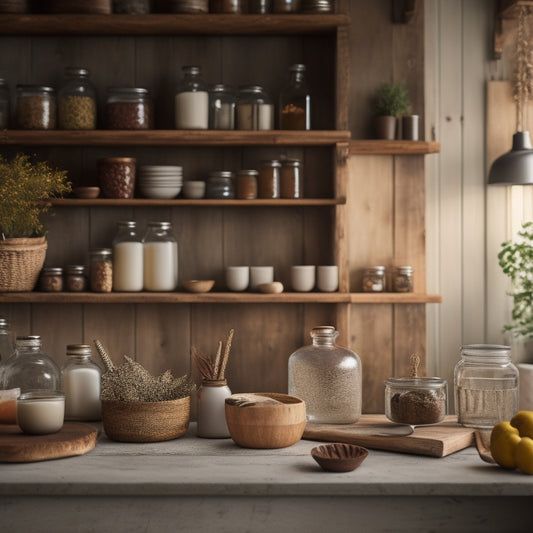 A rustic wooden kitchen with cream-colored walls, featuring a reclaimed wood floating shelf adorned with five distressed glass jars in varying sizes, filled with utensils and spices.
