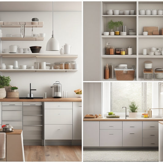 A minimalist kitchen with 5 numbered zones, each showcasing a different step to achieve clear countertops: a decluttered zone, a sorted utensil holder, a sparkling clean surface, an organized spice rack, and a tidy appliance corner.