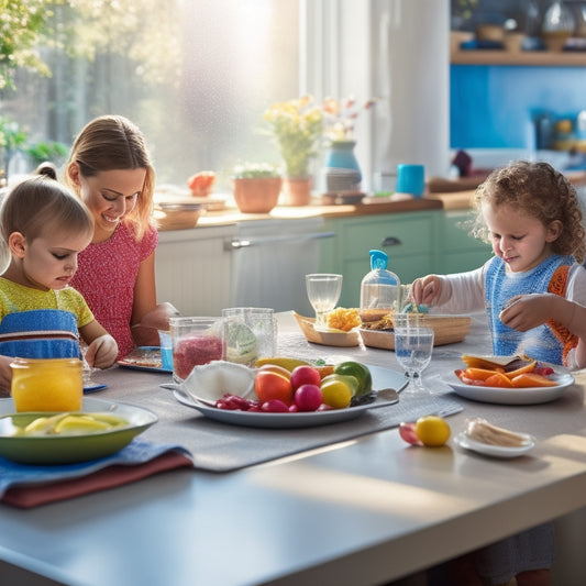 A vibrant kitchen scene featuring a sleek, colorful quick-dry dish drainer mat with dishes neatly arranged; droplets glistening, sunlight streaming through a window, and a busy family in the background preparing meals.